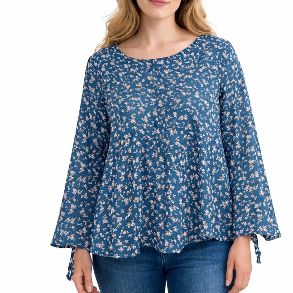 Maurices Women Blue Floral Bell Sleeve Peplum Blouse Size M